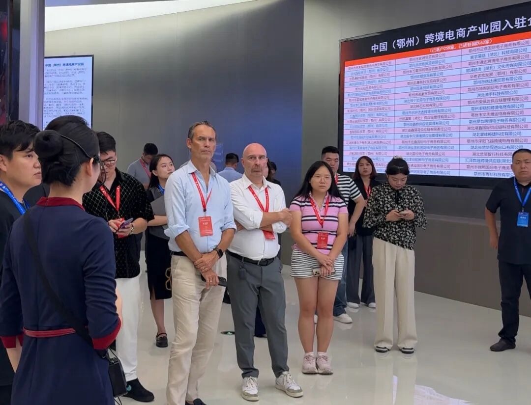 Cross-border e-commerce park — the delegation walking the industrial park's tenant map — Ezhou, Hubei